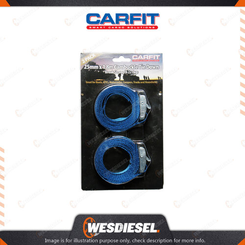 Carfit 25MM X 1.8M Cambuckle Tie Downs Cinch Strap Set Of 2 - Blue Webbing