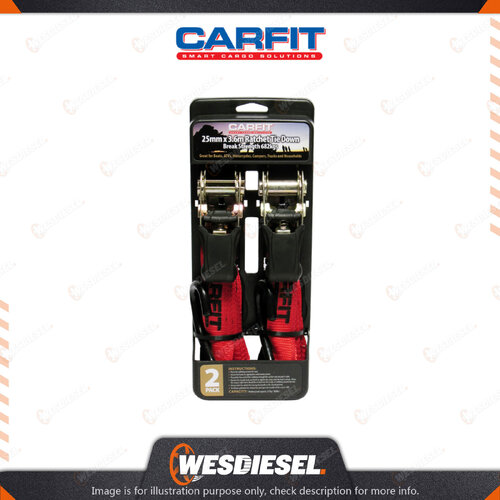 Carfit 25MM X 3.6M Ratchet Tie Down Strap - Set Of 2 - Red Webbing