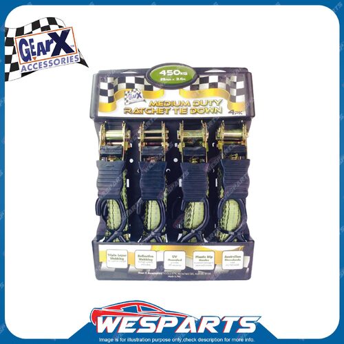 Pack of 4 GearX Medium Duty Ratchet Tie Downs 3.6m x 25mm Automative Parts